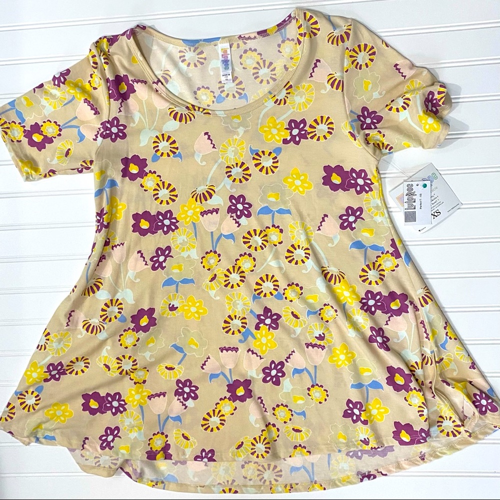 New with Tags XS Perfect T Lularoe Flair Top Tan Purple Yellow
